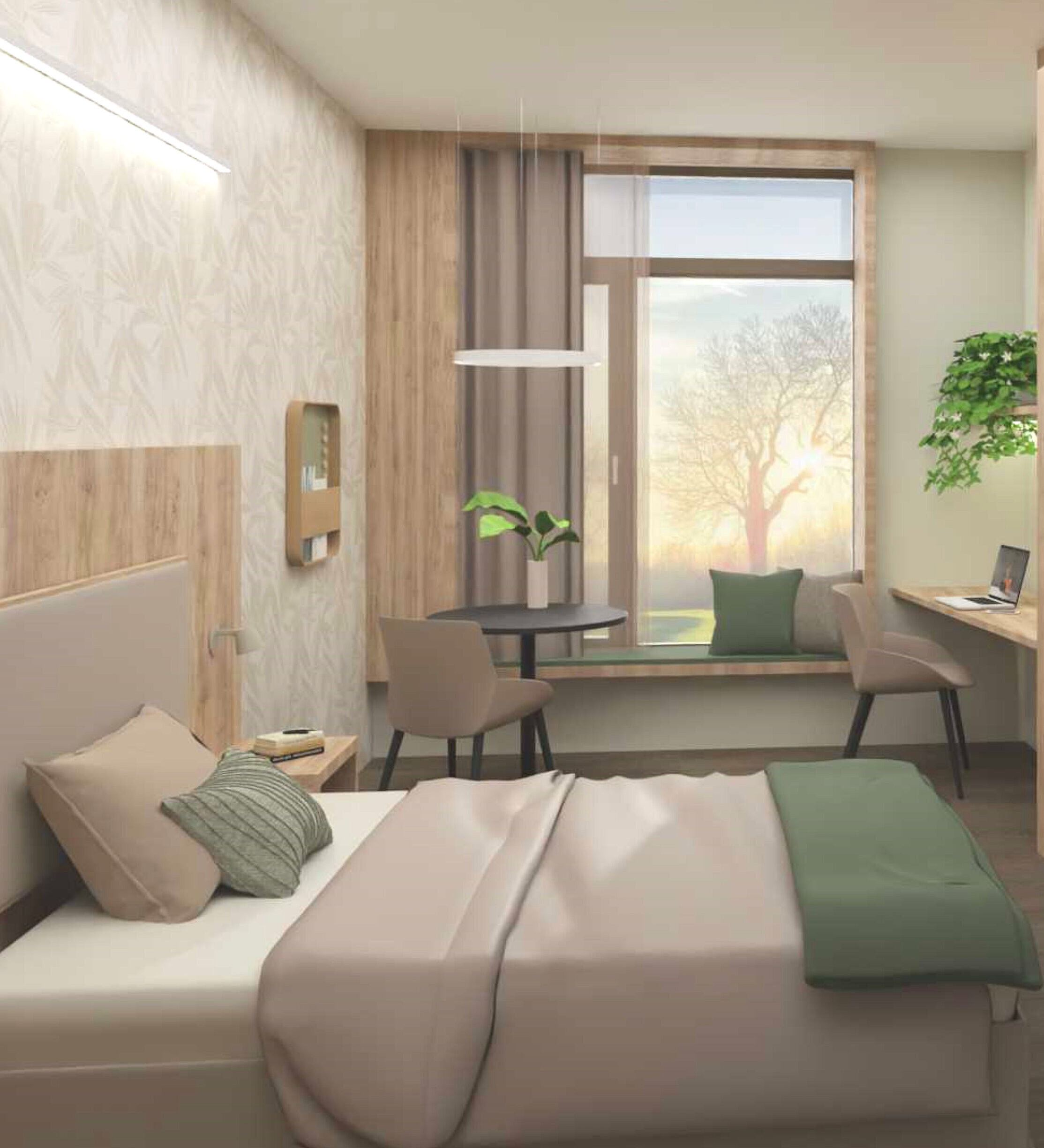 Modern eingerichtetes Einzelzimmer auf der Privatstation mit großem Bett, Schreibtisch, Fernseher