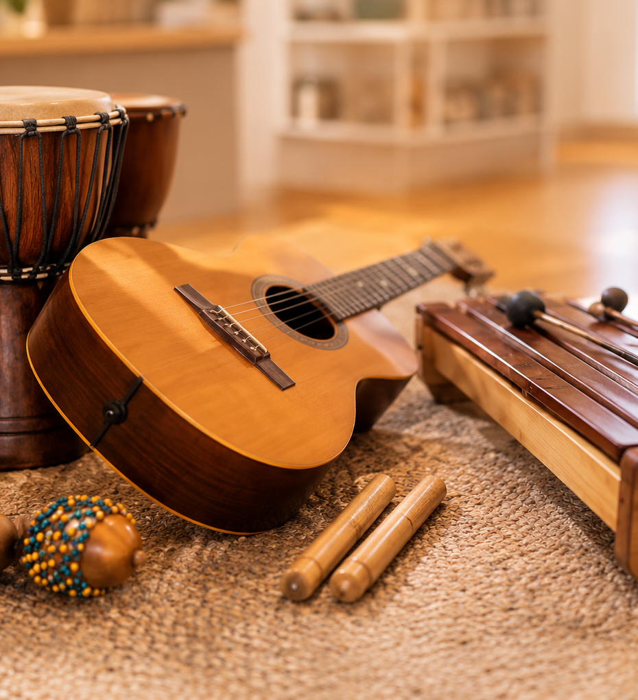 Behandlungsangebot Musiktherapie: Eine Gitarre, eine Rassel und weitere Musikinstrumente auf dem Boden liegend aber schön angeordnet.