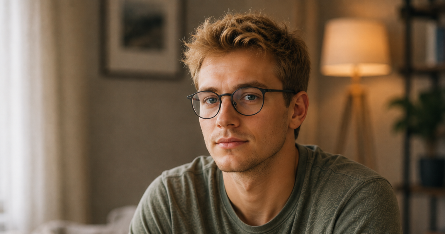 Persona Fatigue | Junger Mann mit kurzen blonden Haaren und Brille blickt in die Kamera.