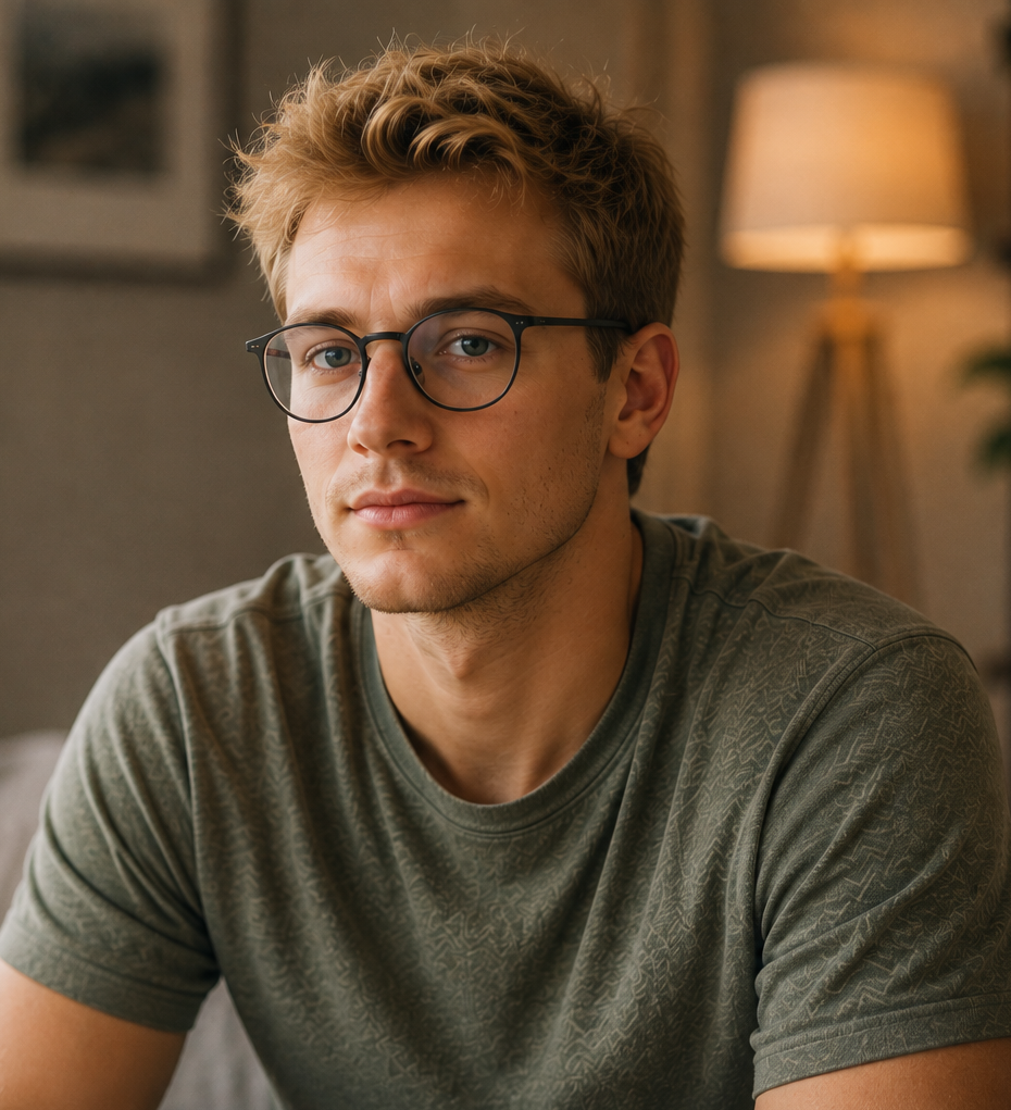 Persona Fatigue | Junger Mann mit kurzen blonden Haaren und Brille blickt in die Kamera.