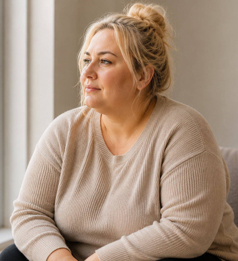 Persona Adipositas | Eine etwas kurvige Frau mittleren Alters, blonde Haare zu einen Zopf hochgesteckt, sitzt auf einer Couch und blickt aus einem Fenster hinaus.