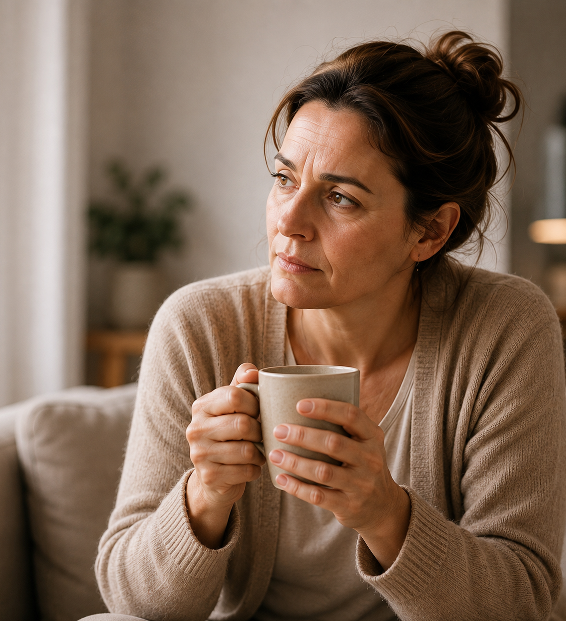 Persona Chronische Schmerzen | Eine Frau mittleren Alters mit hochgesteckten braunen Haaren sitzt auf der Couch und hält eine Tasse Tee in der Hand.