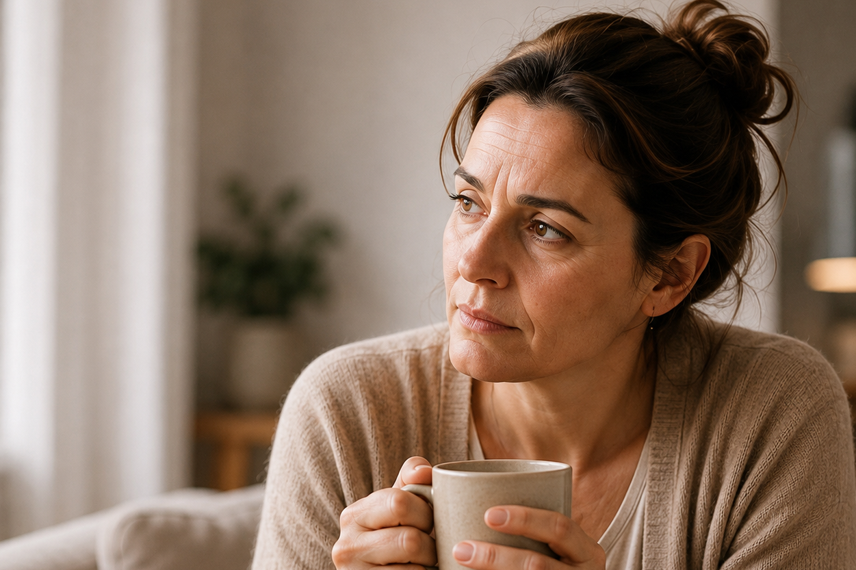 Persona Chronische Schmerzen | Eine Frau mittleren Alters mit hochgesteckten braunen Haaren sitzt auf der Couch und hält eine Tasse Tee in der Hand.