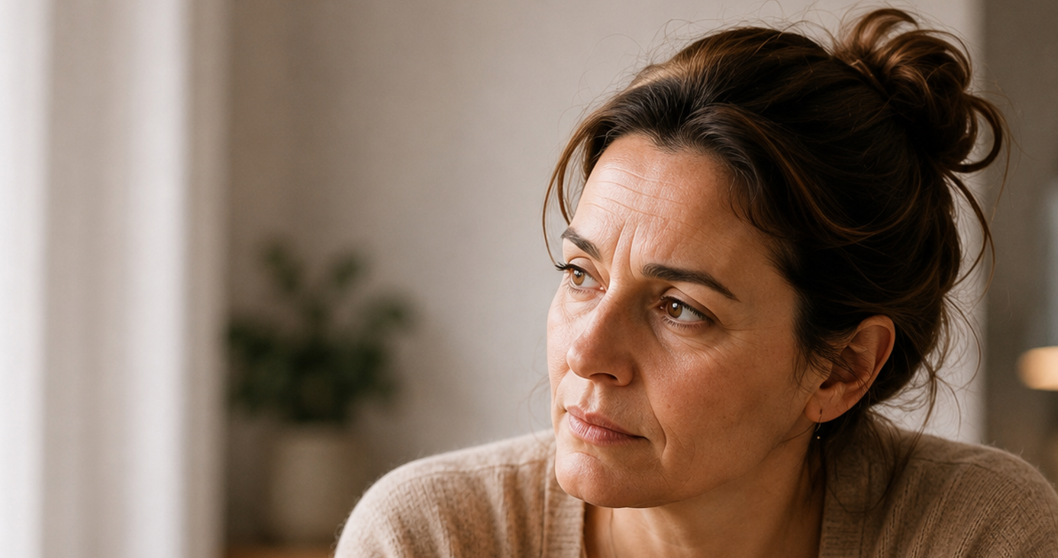 Persona Chronische Schmerzen | Eine Frau mittleren Alters mit hochgesteckten braunen Haaren sitzt auf der Couch und hält eine Tasse Tee in der Hand.