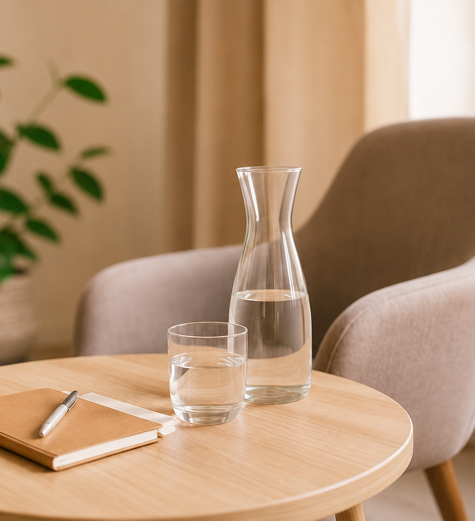 Behandlungsangebot Einzel- und Gruppentherapie: Ein Sessel neben einem Beistelltisch, auf dem ein Glas Wasser und ein Notizblock liegt. Dahinter eine grüne Pflanze