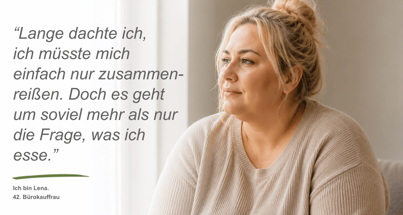 Behandlungsschwerpunkt Adipositas Persona | Bild zeigt ein etwas kurvige Frau - Lena, 42, Bankkauffrau - mit blonden hochgesteckten Haaren, die auf einer Couch sitzt. Neben dem Bild ist ein Zitat zu sehen: "Lange dachte ich, ich müsste mich einfach nur zusammenreißen. Doch es geht um soviel mehr als nur die Frage, was ich esse."