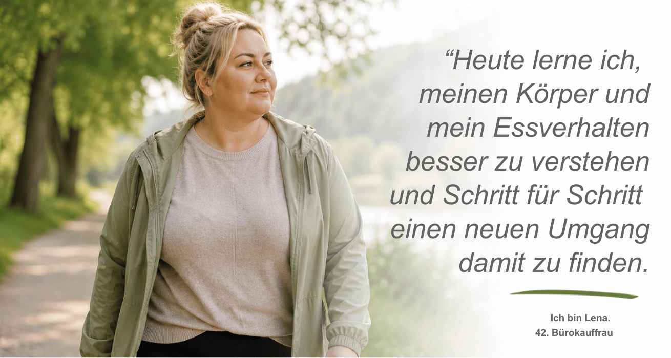 Behandlungsschwerpunkt Adipositas Persona | Bild zeigt ein etwas kurvige Frau - Lena, 42, Bankkauffrau - mit blonden hochgesteckten Haaren, grüner Jacke und beigen Pullover. Sie läuft am Flussufer an einem sonnigen Frühlingstag entlag. Neben dem Bild ist ein Zitat zu sehen: "Heute lerne ich, meinen Körper und mein Essverhalten besser zu verstehen und Schritt für Schritt einen neuen Umgang damit zu finden.""
