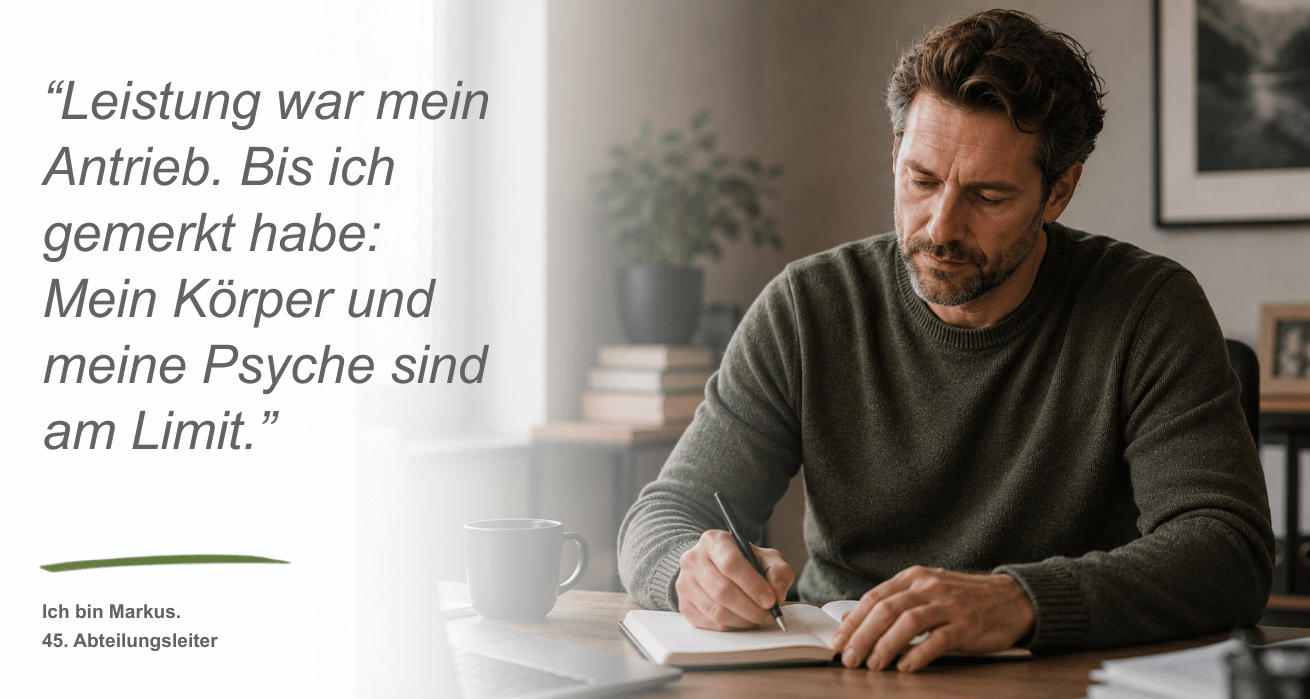 Persona Bournout | Ein Mann mittleren Alters - Markus, 45, Abteilungsleiter - mit Bart und dunklem, vollen Haar sitzt an einem Tisch und schreibt Zeilen in ein Buch. Neben dem Bild ist ein Zitat zu sehen: "Leistung war mein Antrieb. Bis ich gemerkt habe: Mein Körper und meine Psyche sind am Limit."