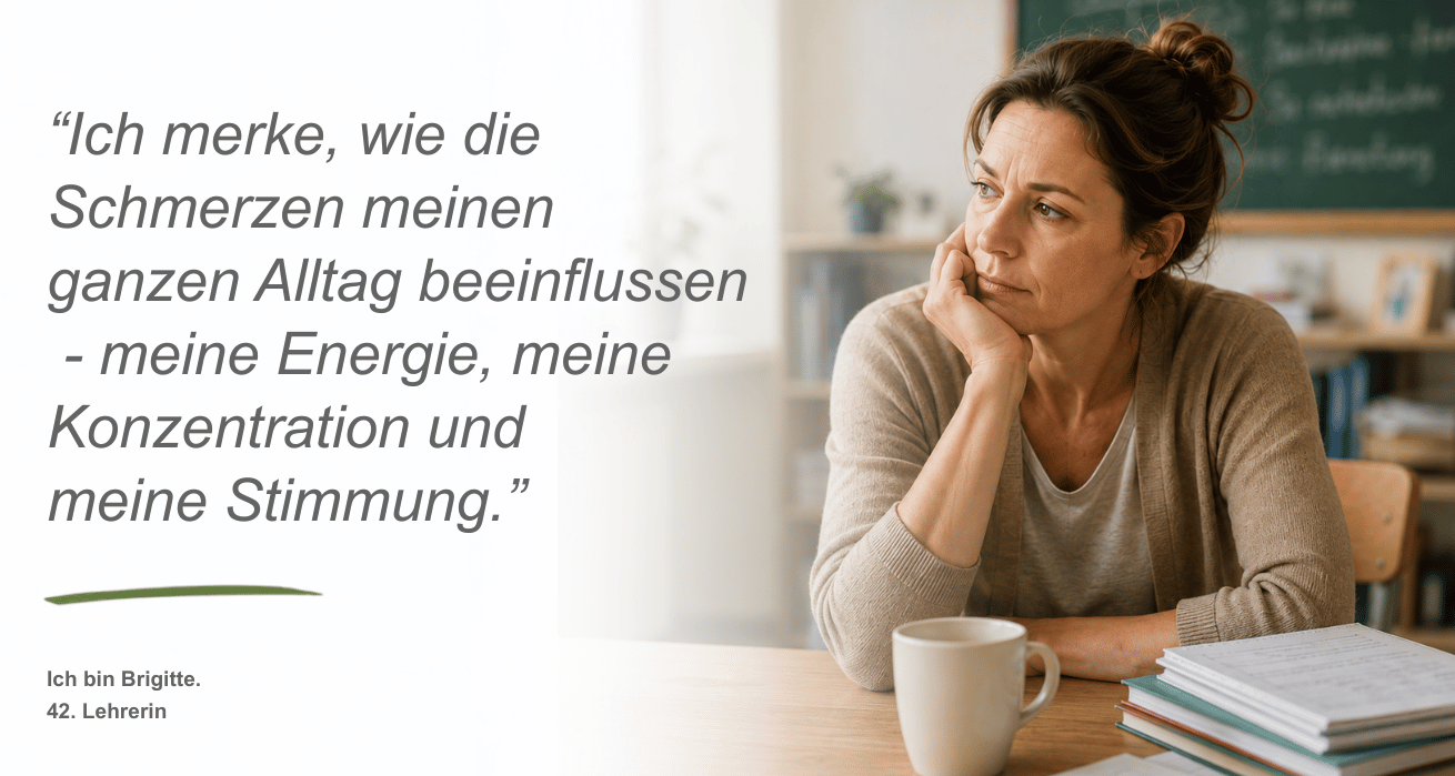 Persona Chronische Schmerzen | Eine Frau mittleren Alters - Brigitte, 42, Lehrerin -mit hochgesteckten braunen Haaren sitzt an einem Schreibtisch mit Büchern und einer Tasse Tee mit dem Kinn aufgestützt auf ihrer Hand. Neben dem Bild ist ein Zitat zu sehen: "Ich merke, wie die Schmerzen meinen ganzen Alltag beeinflussen - meine Energie, meine Konzentration und meine Stimmung."