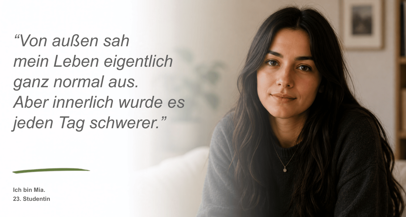 Persona Depressionen | Eine junge Frau - Mia, 23, Studentin - mit schwarzen langen Haaren blickt in die Kamera. Neben dem Bild ist ein Zitat zu sehen: "Von außen sah mein Leben eigentlich ganz normal as. Aber innerlich wurde jeden Tag schwerer."