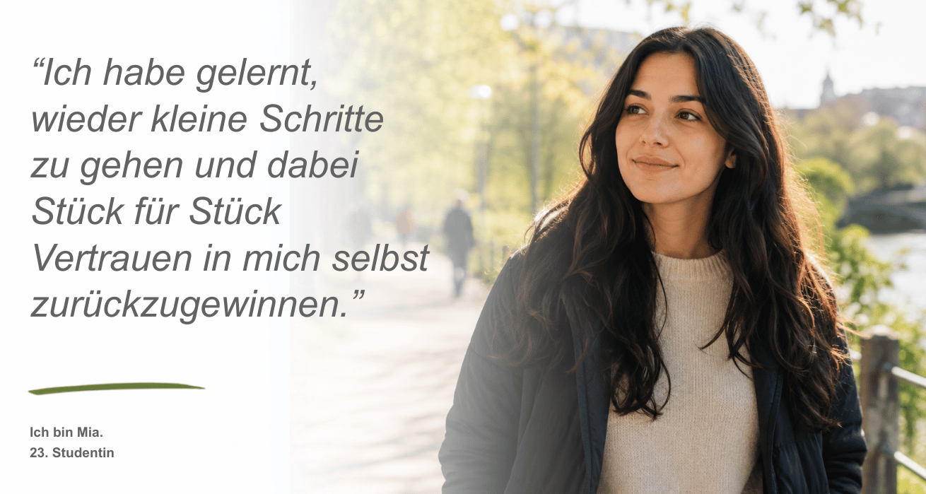 Persona Depressionen | Eine junge Frau - Mia, 23, Studentin - mit schwarzen langen Haaren läuft leicht lächelnd eine Uferpromenade entlang. Neben dem Bild ist ein Zitat zu sehen: "Ich habe gelernt, wieder kleine Schritte zu gehen und dabei Stück für Stück Vertrauen in mich selbst zurückzugewinnen."