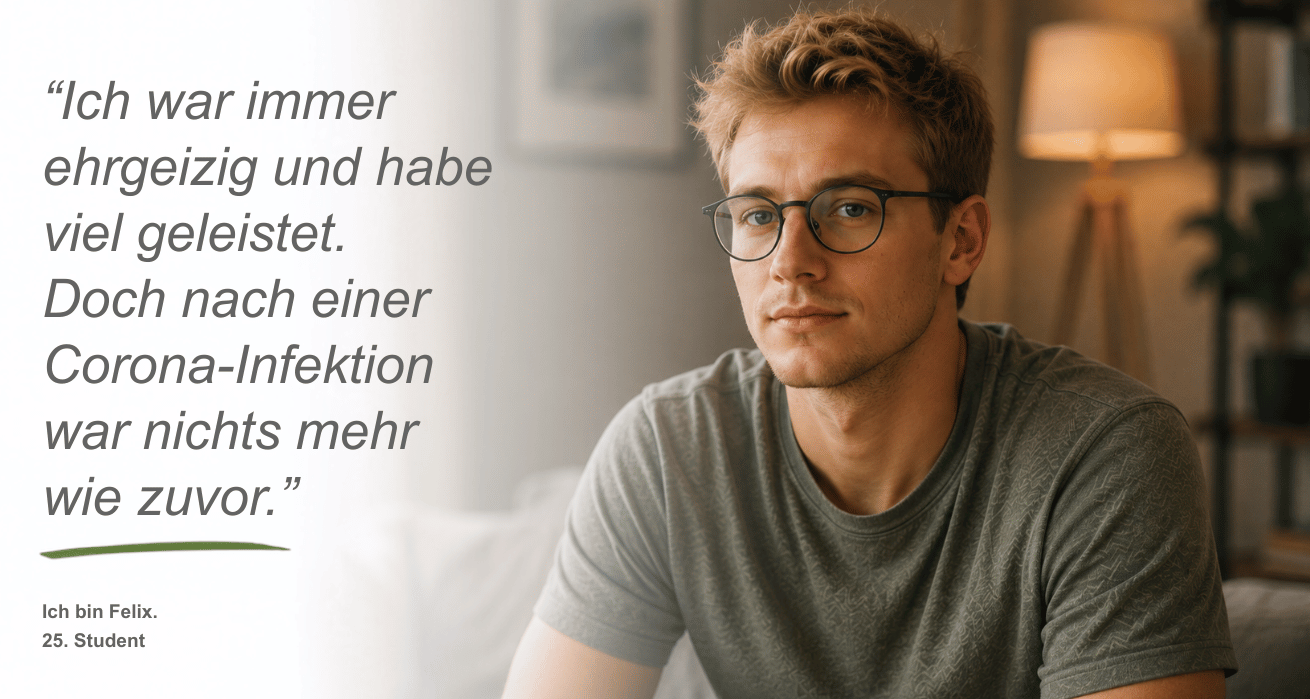 Persona Fatigue | Junger Mann - Felix, 25, Stundent - mit kurzen blonden Haaren und Brille blickt in die Kamera. Neben dem Bild ist ein Zitat zu sehen: "Ich war immer ehrgeizig und habe viel geleistet. Doch nach einer Corona-Infektion war nichts mehr wie zuvor."
