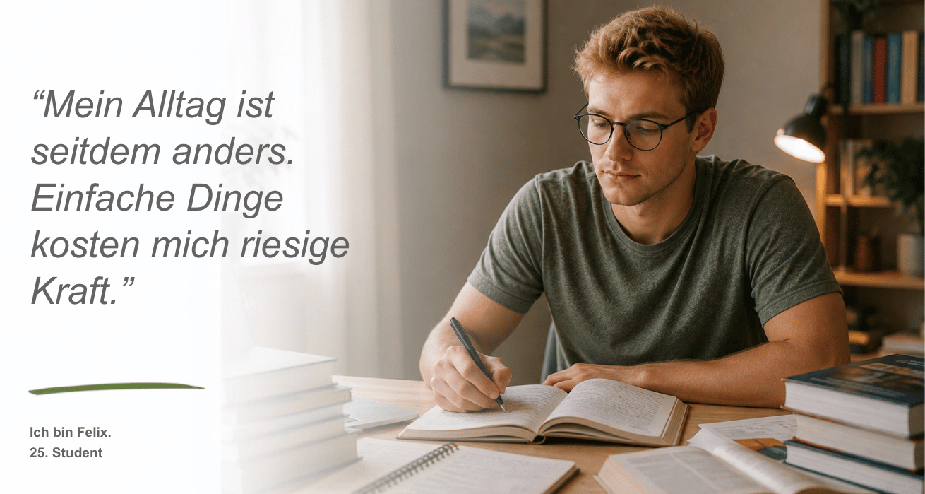 Persona Fatigue | Junger Mann - Felix, 25, Student - mit kurzen blonden Haaren und Brille sitzt an einem Tisch und schreibt Notizen in ein Buch. Um ihn herum weitere Bücherstapel. Neben dem Bild ist ein Zitat zu sehen: "Mein Alltag ist seitdem anders. Einfache Dinge kosten mich riesige Kraft."