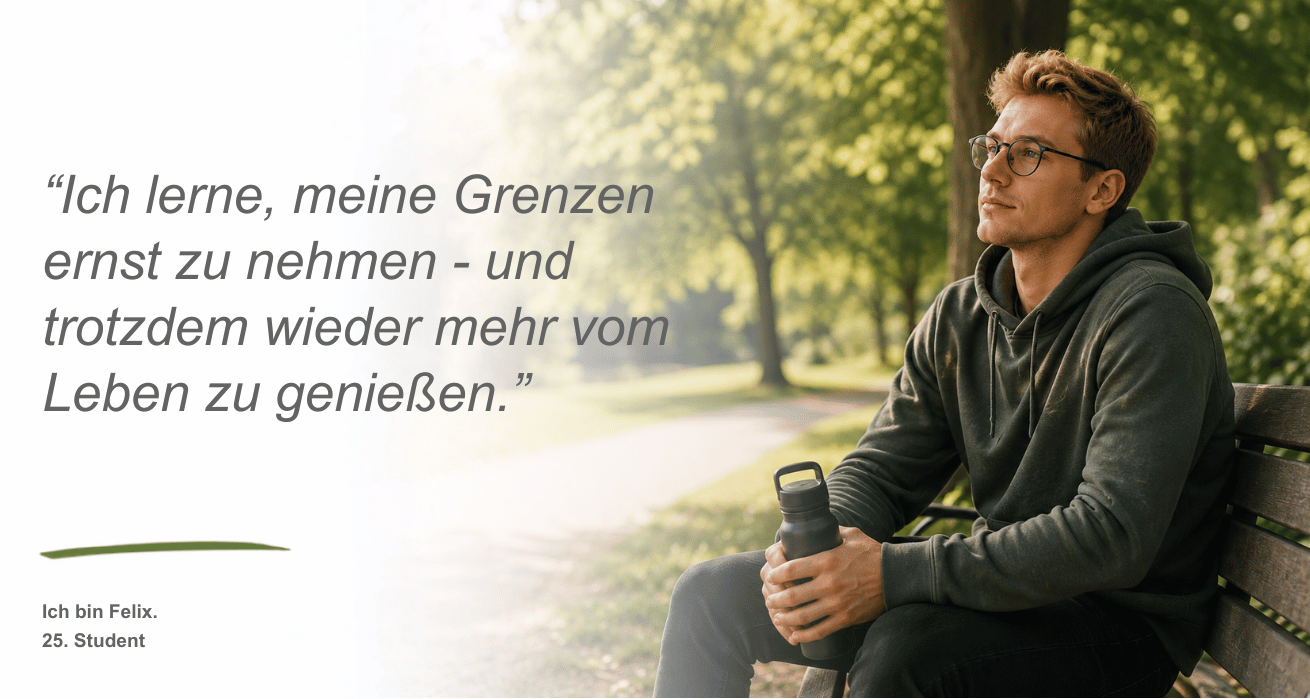 Persona Fatigue | Junger Mann - Felix, 25, Stundent - mit kurzen blonden Haaren und Brille sitzt mit einer Trinkflasche in der Hand auf einer Parkbank im Grünen. Neben dem Bild ist ein Zitat zu sehen: "Ich lerne, meine Grenzen ernst zu nehmen - und trotzdem wieder mehr vom Leben zu genießen."