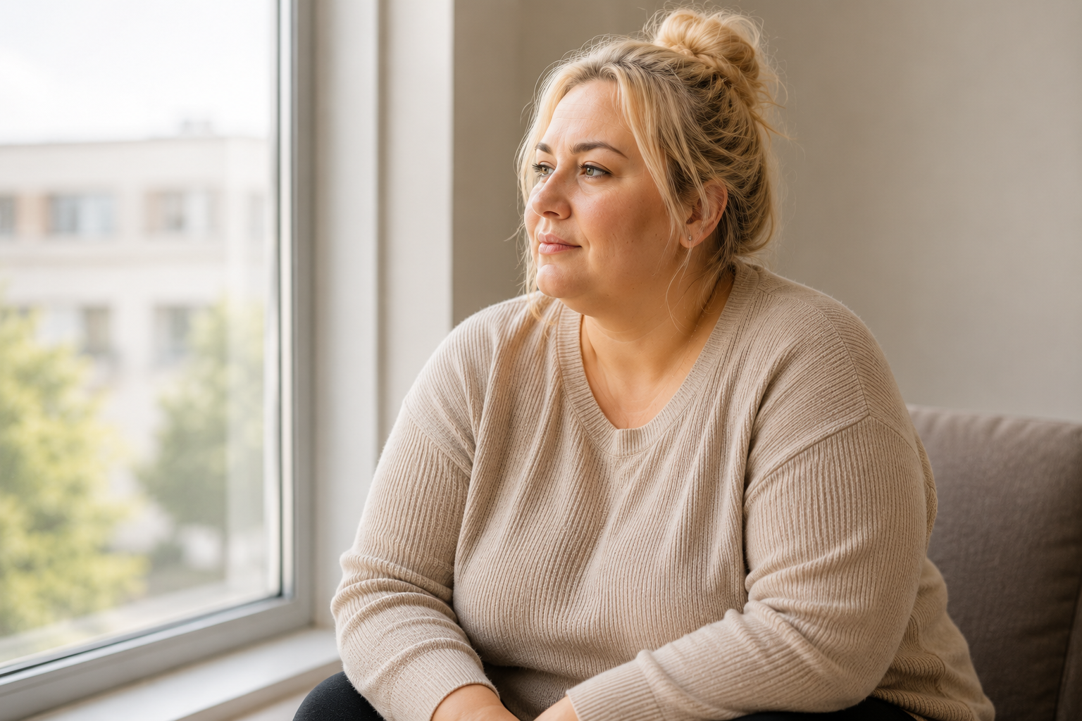 Persona Adipositas | Eine etwas kurvige Frau mittleren Alters, blonde Haare zu einen Zopf hochgesteckt, sitzt auf einer Couch und blickt aus einem Fenster hinaus.