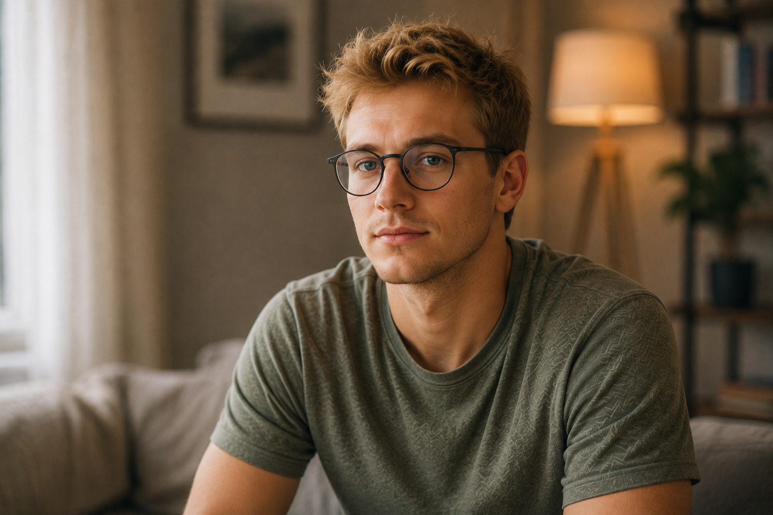 Persona Fatique | Junger Mann mit kurzen blonden Haaren und Brille blickt in die Kamera.