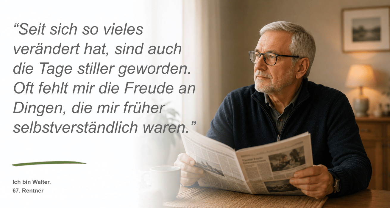 Persona Psychische Belastungen | Ein älterer Mann - Walter,67, Rentner - mit grauem Haar und grauem Bart und Brille sitzt am Küchentisch mit einer aufgeschlagenen Zeitung in der Hand. Sein Blick schweift jedoch ab - er schaut aus dem Fenster. Neben dem Bild ist ein Zitat zu sehen: "Seit sich so vieles geändert hat, sind auch die Tage stiller geworden. Oft fehlt mir die Freude an Dingen, die mir früher selbstverständlich waren."